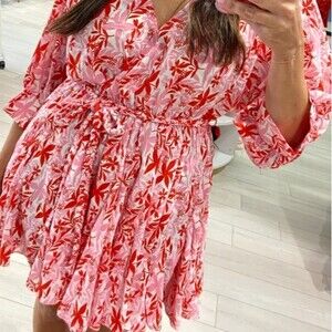 Aakaa Pink Tropical Palms Balloon Sleeve Full Circle Braided Belt Mini Dress S